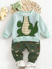 嬰兒與幼兒男孩恐龍印花2件套，圓領條紋上衣搭配滿版恐龍印花收口長褲，可愛卡通圖案吸睛，寬鬆版型方便活動，適合街頭外出、公園玩耍、學校穿著，高質感風格，易搭配套裝，多尺寸可選 - 彩色 - 查看 1