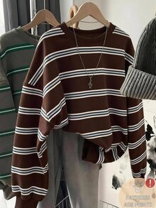 SHEIN 青少年女孩復古黑白與黑淺藍、藍白條紋配色印花圓領落肩抓絨衛衣，復古休閒風 - 彩色 - 查看 1