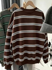 SHEIN 青少年女孩復古黑白與黑淺藍、藍白條紋配色印花圓領落肩抓絨衛衣，復古休閒風 - 彩色 - 查看 2