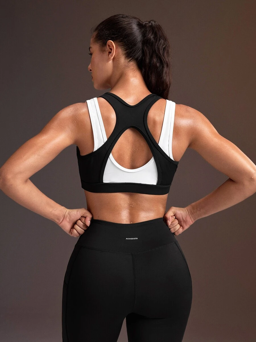 Powerista Women's Casual Colorblock Sports Bra For Yoga And Fitness - Black and White - View 1