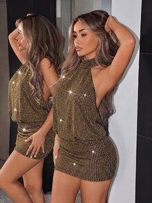 SHEIN ICON Summer Women's Club Sparkly Party Going Out Shiny High Neck Backless Layered Bodycon Halter Dress - Gold - View 3