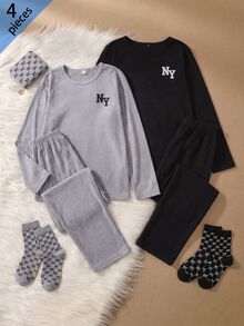 SHEIN 青少年極簡寬鬆百搭保暖加厚抓絨休閒黑色與灰色圓領長袖褲裝套裝，秋季休閒居家穿搭男孩禮物 - 彩色 - 查看 8