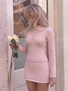 SHEIN MOD Women's Autumn/Winter Casual Solid Color Sweater & Knitted Skirt 2 Pieces Set - Pink - View 3