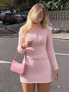 SHEIN MOD Women's Autumn/Winter Casual Solid Color Sweater & Knitted Skirt 2 Pieces Set - Pink - View 8