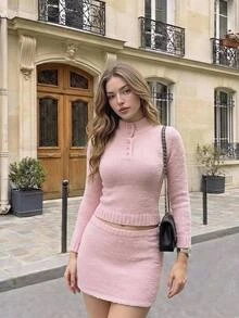 SHEIN MOD Women's Autumn/Winter Casual Solid Color Sweater & Knitted Skirt 2 Pieces Set - Pink - View 9