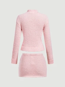 SHEIN MOD Women's Autumn/Winter Casual Solid Color Sweater & Knitted Skirt 2 Pieces Set - Pink - View 5