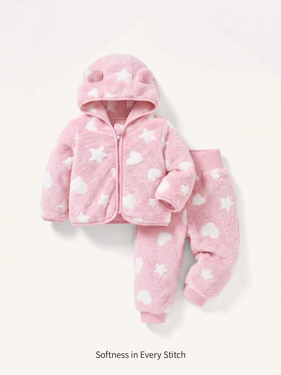 Cozy Pixies 女嬰連帽抓絨冬季外套與遮肚長褲 2 件套,中厚款 - 粉色 - 查看 1