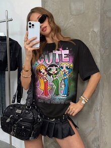 THE POWERPUFF GIRLS X SHEIN 女款字母卡通印花圓領短袖休閒T恤 - 白色 - 查看 4
