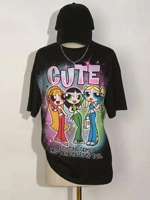 THE POWERPUFF GIRLS X SHEIN 女款字母卡通印花圓領短袖休閒T恤 - 白色 - 查看 5