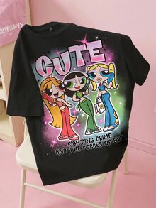 THE POWERPUFF GIRLS X SHEIN 女款字母卡通印花圓領短袖休閒T恤 - 白色 - 查看 1