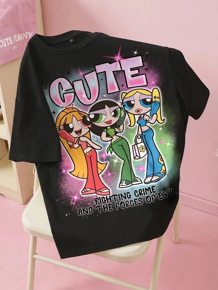THE POWERPUFF GIRLS X SHEIN 女款字母卡通印花圓領短袖休閒T恤 - 白色 - 查看 1