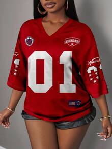 Slaydiva Casual Minimalist Letter & Number Print T-Shirt For Women, Suitable For Summer Sports Events - Multicolor - View 6