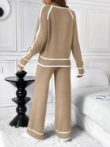 SHEIN LUNE 2pcs Women Casual Loose Contrast Color Sweater Set - Khaki - View 2