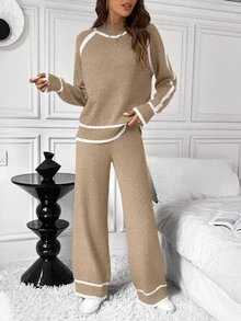 SHEIN LUNE 2pcs Women Casual Loose Contrast Color Sweater Set - Khaki - View 8