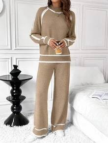 SHEIN LUNE 2pcs Women Casual Loose Contrast Color Sweater Set - Khaki - View 4