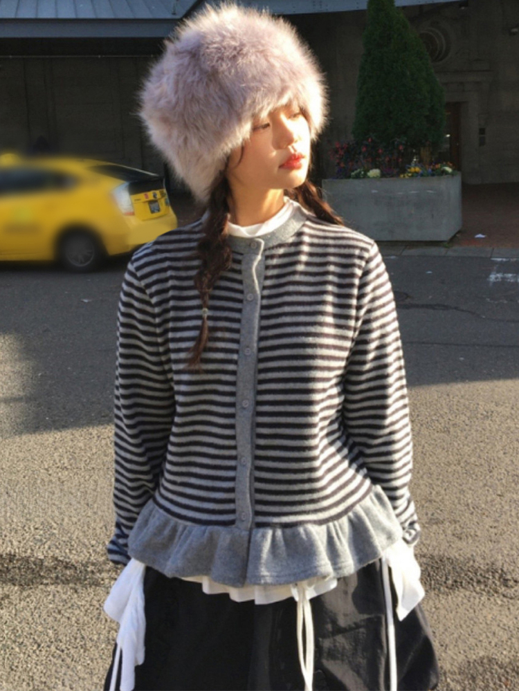 DAZY Women's Black & White Striped Round Neck Button Ruffle Hem Patchwork Fitted Short Long Sleeve Knit Sweatshirt Hoodies - Grey - View 1