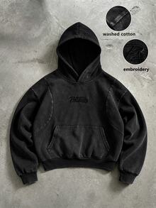 PAVTROS Men's Casual Washed Letter Embroidered Hoodie, Goth - Black - View 1