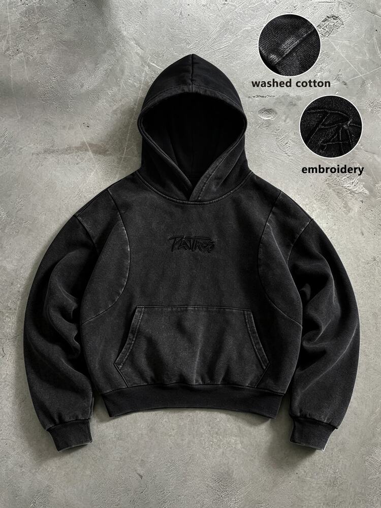 PAVTROS Men's Casual Washed Letter Embroidered Hoodie, Goth - Black - View 1