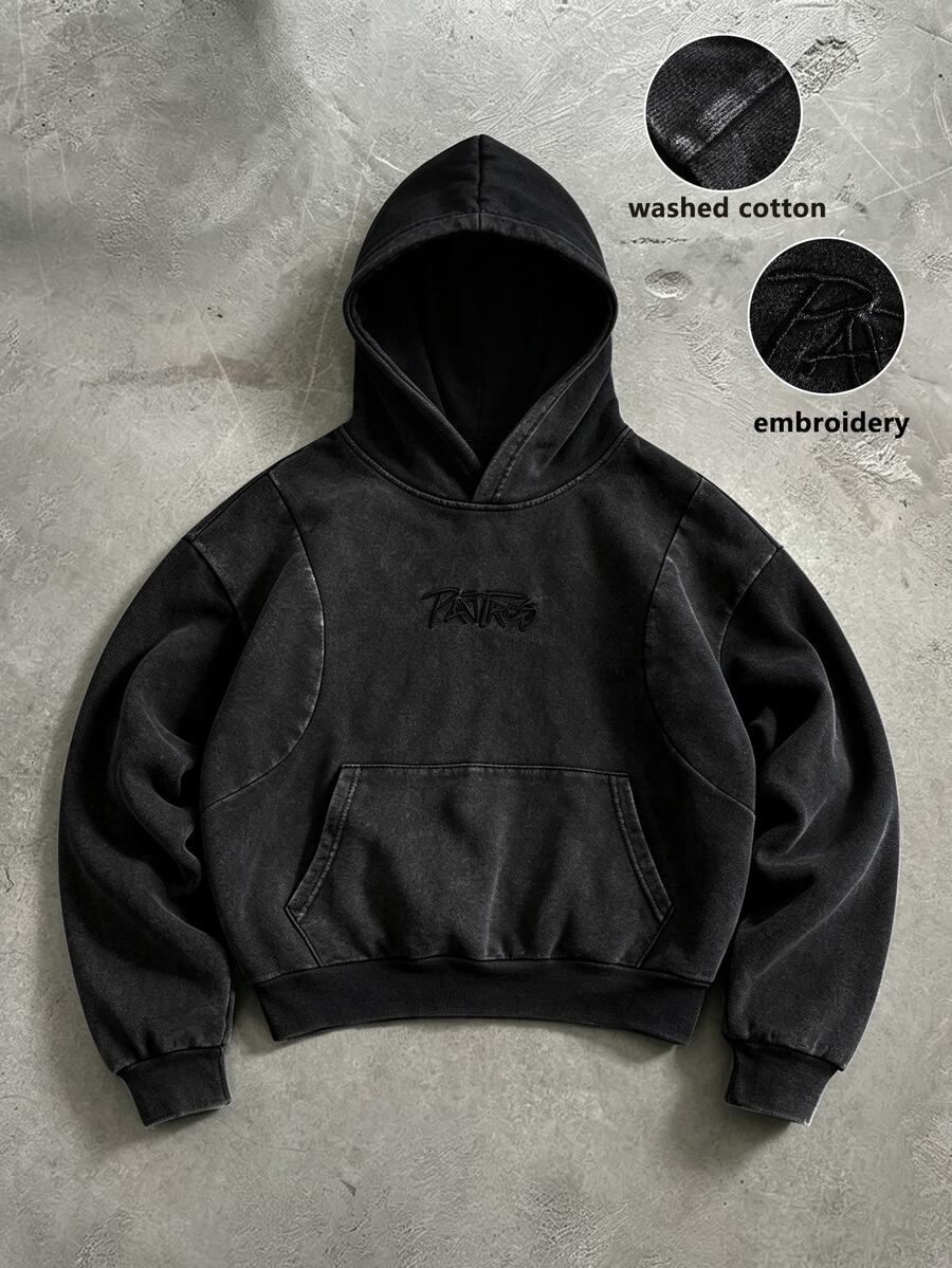 PAVTROS Men's Casual Washed Letter Embroidered Hoodie, Goth - Black - View 1