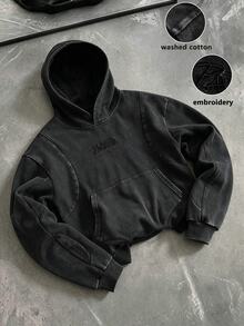 PAVTROS Men's Casual Washed Letter Embroidered Hoodie, Goth - Black - View 3