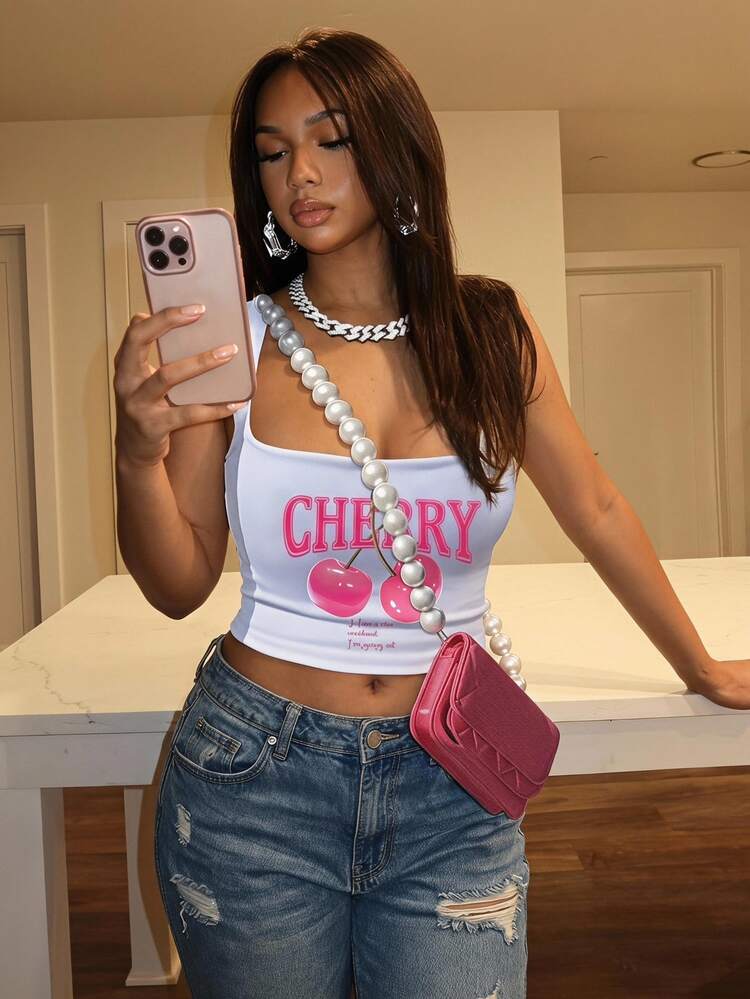 Slaydiva Casual Minimalist Cherry Print Crop Camisole Tank Top For