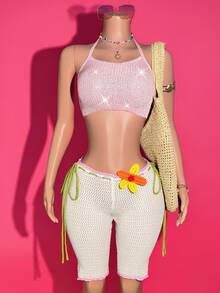 Slaydiva Lime Green Crochet Knit Shorts For Women,Y2k Beach Babe Hollow-Out Color-Block Shorts,3D Floral Decor,Summer Vacation Music Festival Apparel - White - View 8