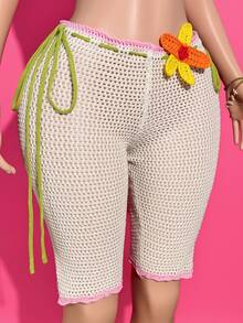 Slaydiva Lime Green Crochet Knit Shorts For Women,Y2k Beach Babe Hollow-Out Color-Block Shorts,3D Floral Decor,Summer Vacation Music Festival Apparel - White - View 6