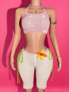 Slaydiva Lime Green Crochet Knit Shorts For Women,Y2k Beach Babe Hollow-Out Color-Block Shorts,3D Floral Decor,Summer Vacation Music Festival Apparel - White - View 10