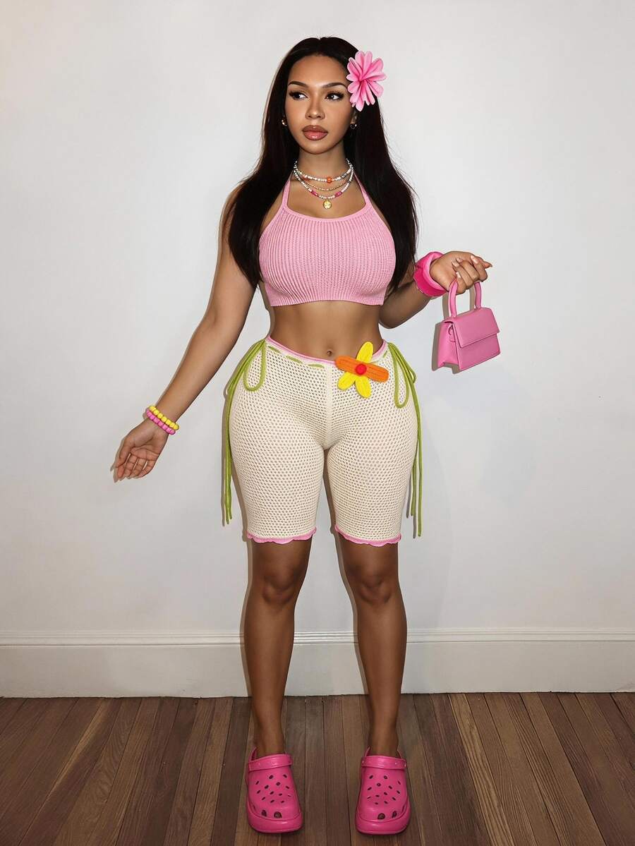 Slaydiva Lime Green Crochet Knit Shorts For Women,Y2k Beach Babe Hollow-Out Color-Block Shorts,3D Floral Decor,Summer Vacation Music Festival Apparel
