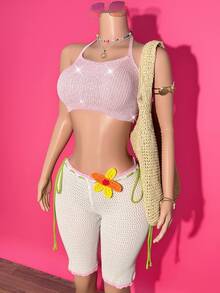 Slaydiva Lime Green Crochet Knit Shorts For Women,Y2k Beach Babe Hollow-Out Color-Block Shorts,3D Floral Decor,Summer Vacation Music Festival Apparel - White - View 9