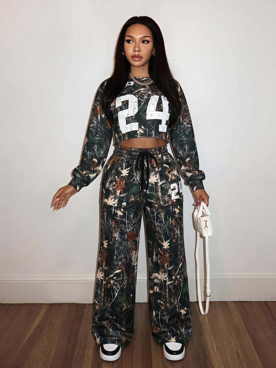 Slaydiva Women's Two Pieces Casual Modest Streetwear Tree Branches 24 Digital Print Loose Sportswear Autumn Everyday Sports Going Out Camouflage Forest Green