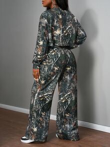 Slaydiva Women's Two Pieces Casual Modest Streetwear Tree Branches 24 Digital Print Loose Sportswear Autumn Everyday Sports Going Out Camouflage Forest Green - Multicolor - View 3