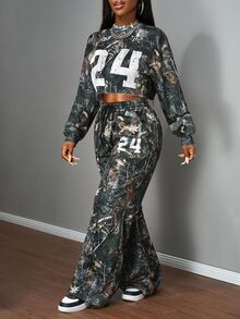 Slaydiva Women's Two Pieces Casual Modest Streetwear Tree Branches 24 Digital Print Loose Sportswear Autumn Everyday Sports Going Out Camouflage Forest Green - Multicolor - View 4