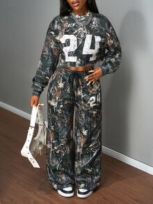 Slaydiva Women's Two Pieces Casual Modest Streetwear Tree Branches 24 Digital Print Loose Sportswear Autumn Everyday Sports Going Out Camouflage Forest Green - Multicolor - View 8