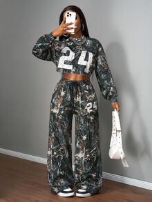 Slaydiva Women's Two Pieces Casual Modest Streetwear Tree Branches 24 Digital Print Loose Sportswear Autumn Everyday Sports Going Out Camouflage Forest Green - Multicolor - View 7