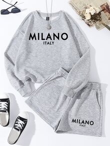 Slaydiva MILANO Casual Letter Print Crew Neck Long Sleeve & Shorts 2pcs Set For Women, Spring/Autumn And Winter - Light Grey - View 3