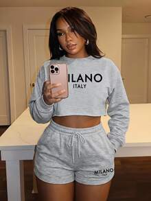 Slaydiva MILANO Casual Letter Print Crew Neck Long Sleeve & Shorts 2pcs Set For Women, Spring/Autumn And Winter - Light Grey - View 2