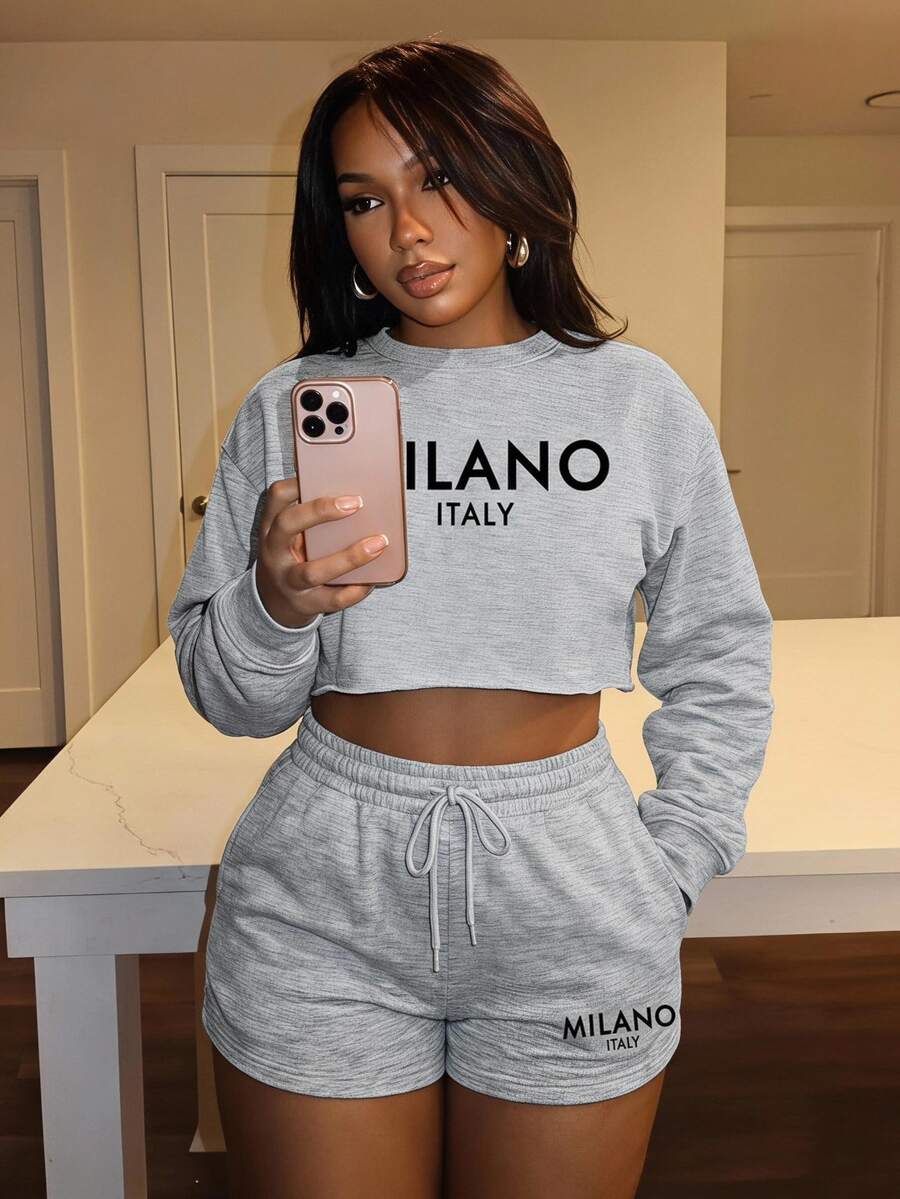 Slaydiva MILANO Casual Letter Print Crew Neck Long Sleeve & Shorts 2pcs Set For Women, Spring/Autumn And Winter