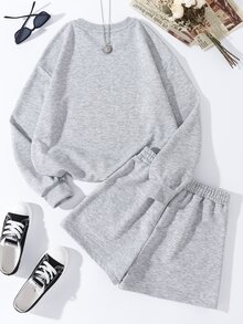 Slaydiva MILANO Casual Letter Print Crew Neck Long Sleeve & Shorts 2pcs Set For Women, Spring/Autumn And Winter - Light Grey - View 4