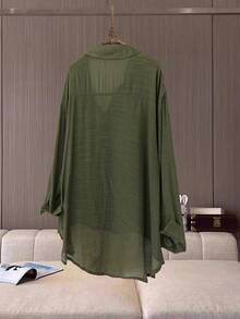SHEIN LUNE 大码休闲领衬衫，简约、百搭、时尚、透气、舒适的女式衬衫 - 綠色 - 查看 3