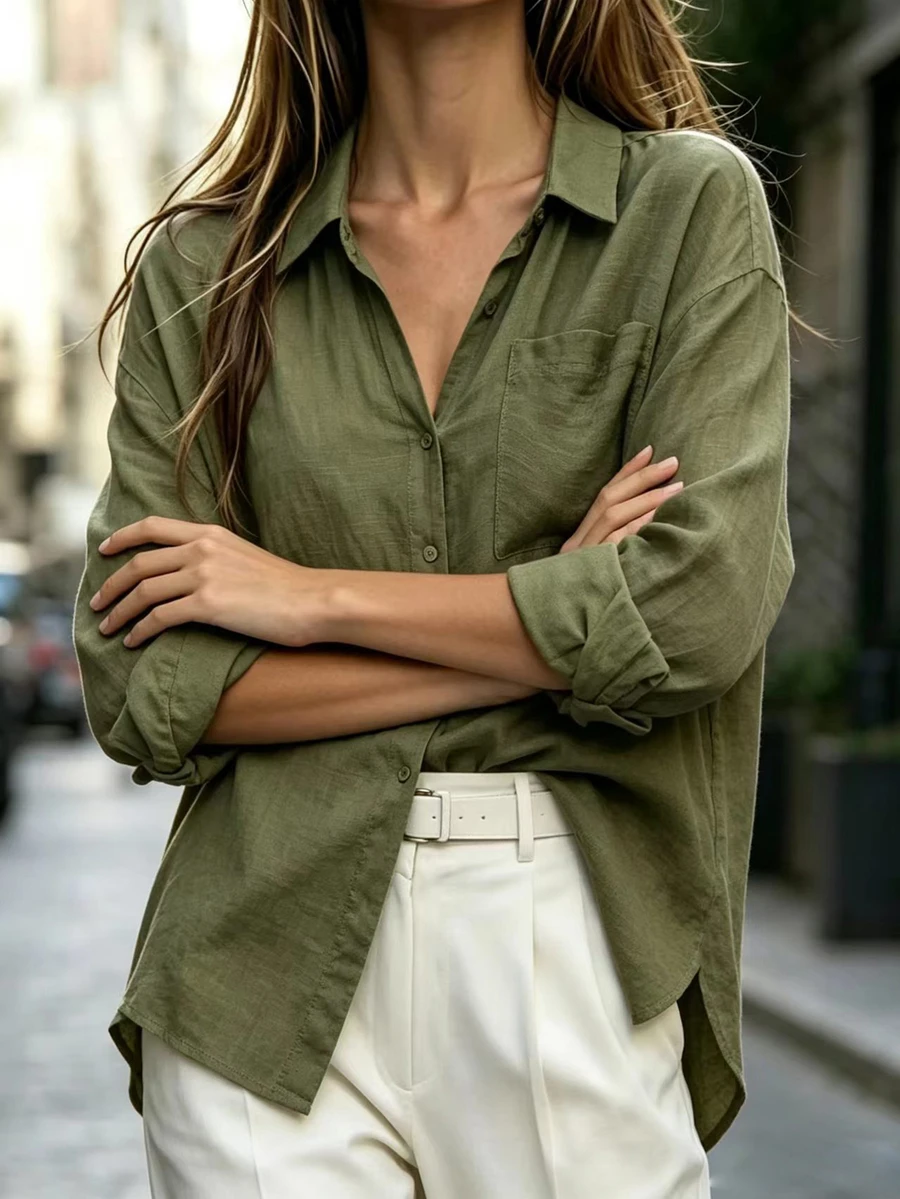 SHEIN LUNE Plus Size Casual Collared Blouse, Minimalist, Versatile, Fashionable, Breathable & Comfortable Blouse Women Shirt Fall Cloth For Women - Green - View 1