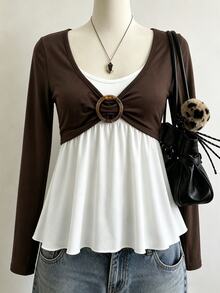 Lalippa Women's 2 In 1 Patchwork Casual Daily Long Sleeve Top - Multicolor - View 1