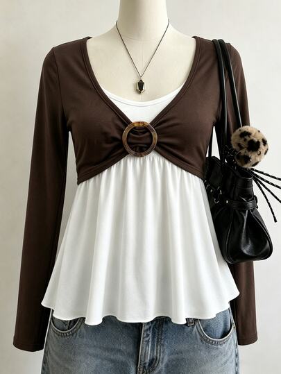 Lalippa Women's 2 In 1 Patchwork Casual Daily Long Sleeve Top