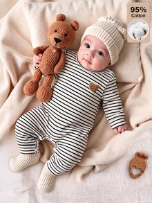 SHEIN 新生兒嬰兒 95%棉條紋連身衣 熊圖案貼布 長袖華夫格羅羅紋針織連身褲 肩扣圓領休閒連身套裝 - 彩色 - 查看 6