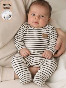 SHEIN 新生兒嬰兒 95%棉條紋連身衣 熊圖案貼布 長袖華夫格羅羅紋針織連身褲 肩扣圓領休閒連身套裝 - 彩色 - 查看 3