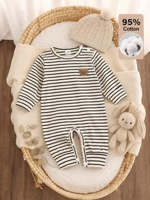SHEIN 新生兒嬰兒 95%棉條紋連身衣 熊圖案貼布 長袖華夫格羅羅紋針織連身褲 肩扣圓領休閒連身套裝 - 彩色 - 查看 2