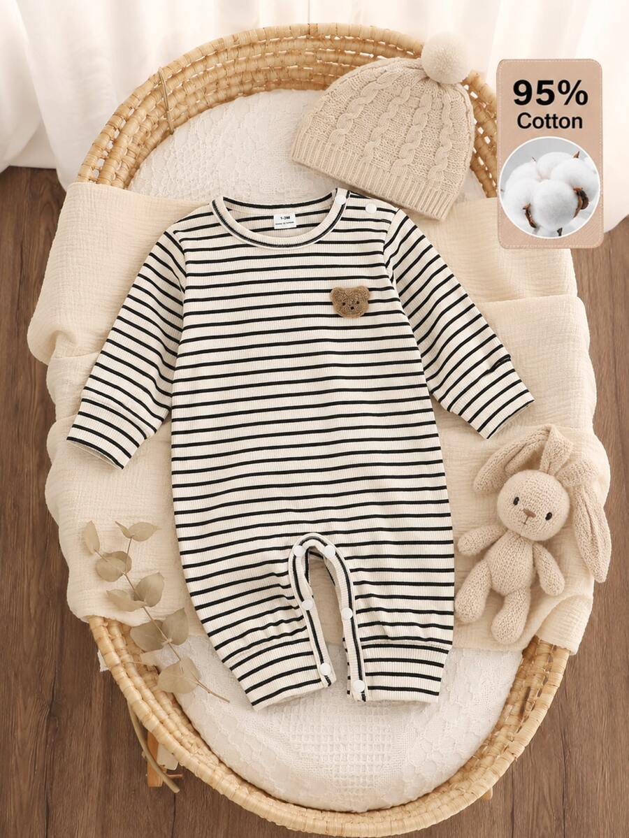 SHEIN 新生兒嬰兒 95%棉條紋連身衣 熊圖案貼布 長袖華夫格羅羅紋針織連身褲 肩扣圓領休閒連身套裝
