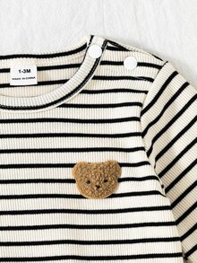 SHEIN 新生兒嬰兒 95%棉條紋連身衣 熊圖案貼布 長袖華夫格羅羅紋針織連身褲 肩扣圓領休閒連身套裝 - 彩色 - 查看 8