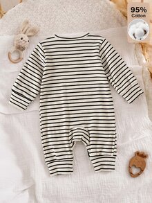 SHEIN 新生兒嬰兒 95%棉條紋連身衣 熊圖案貼布 長袖華夫格羅羅紋針織連身褲 肩扣圓領休閒連身套裝 - 彩色 - 查看 5
