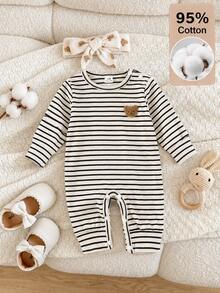SHEIN 新生兒嬰兒 95%棉條紋連身衣 熊圖案貼布 長袖華夫格羅羅紋針織連身褲 肩扣圓領休閒連身套裝 - 彩色 - 查看 10